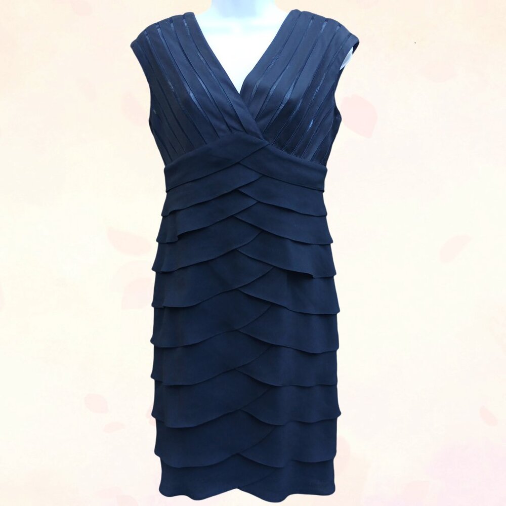 Adrianna Papell Women Black Lined Ruffle Tiered Cocktail Evening Midi Dress S6